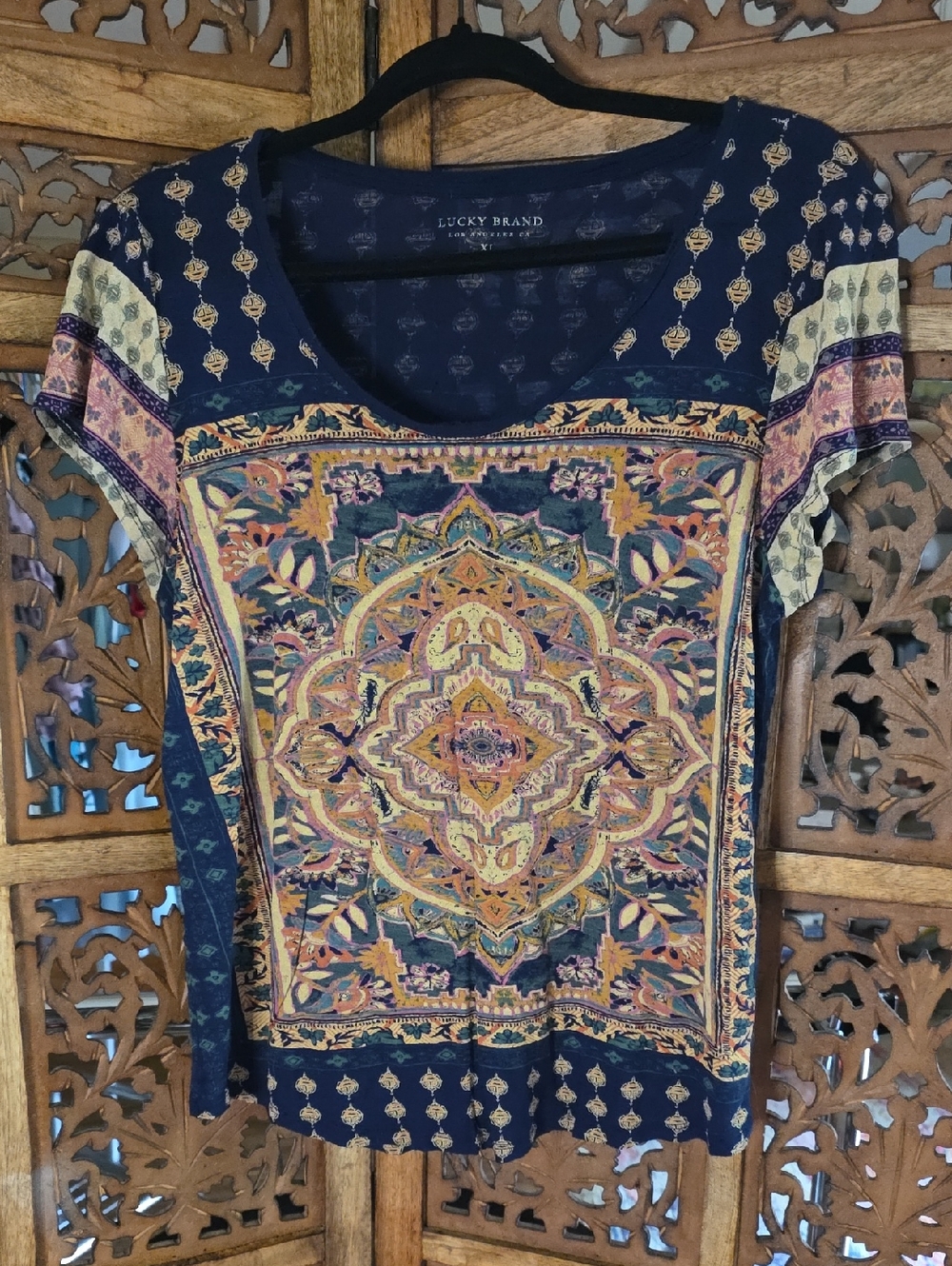 Lucky Brand Navy Multicolor Boho Medallion Short Sleeve Top